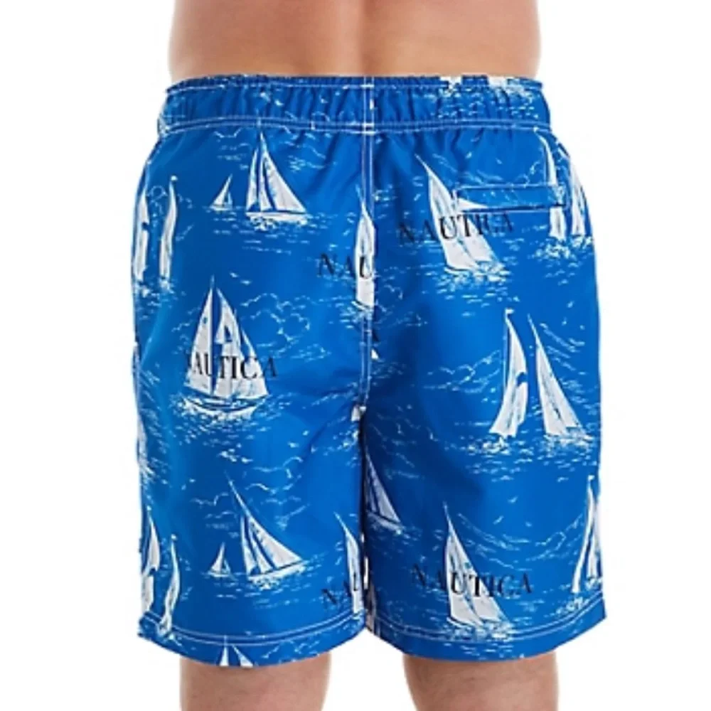 Nautica Vintage Sailboat Print Quick Dry Lined Swim Shorts Blue White Sz XXL NWT